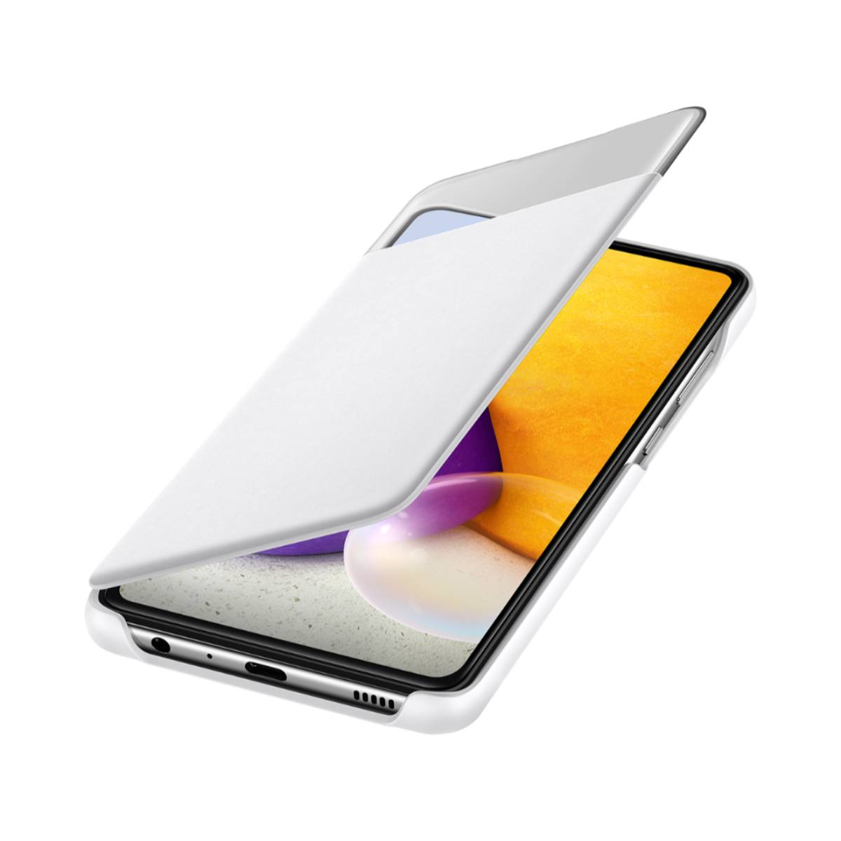 Funda blanca para teléfono con tapa abierta, mostrando la pantalla.