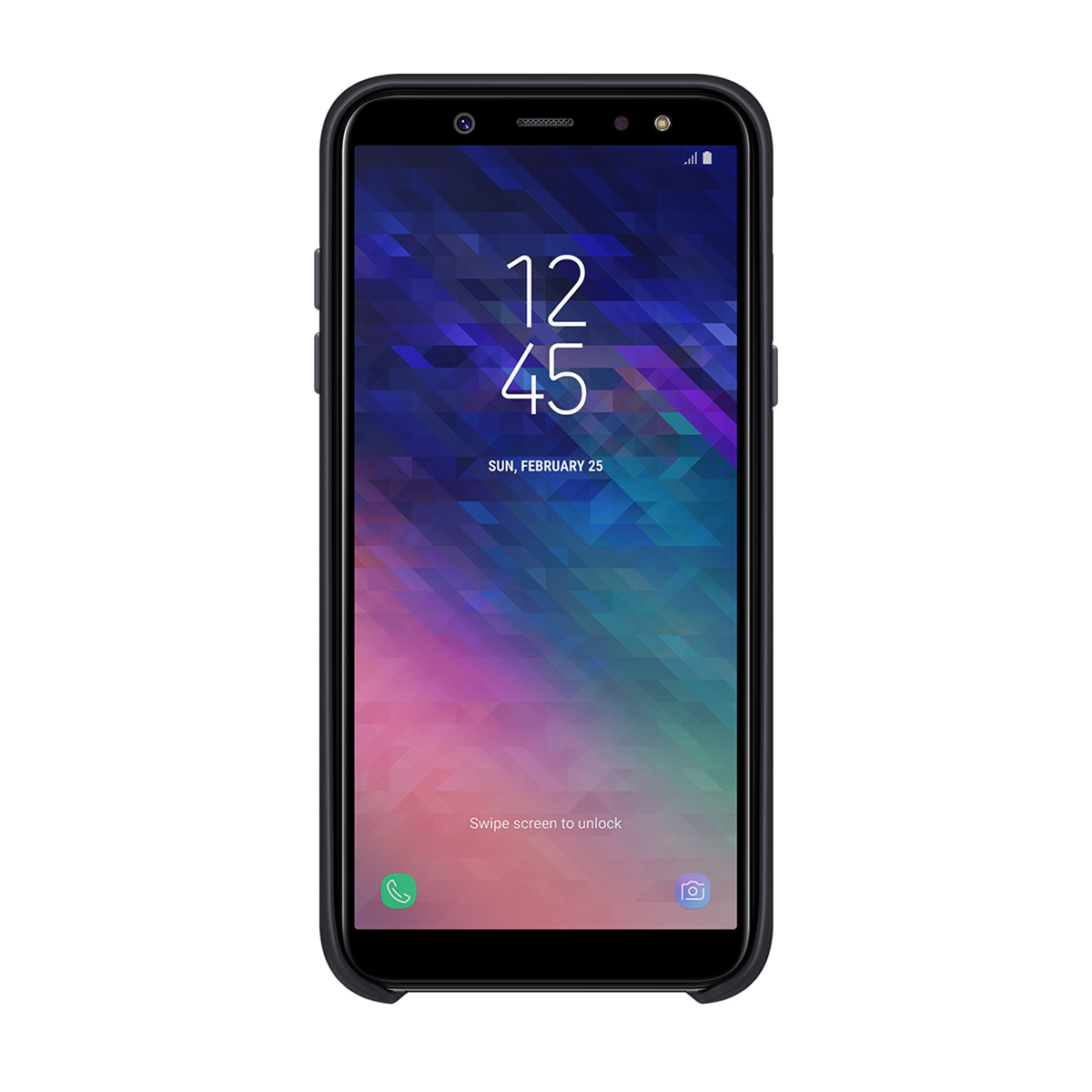 Schwarzes Telefon in schwarzer Hülle, zeigt die Uhrzeit und geometrisches Wallpaper.