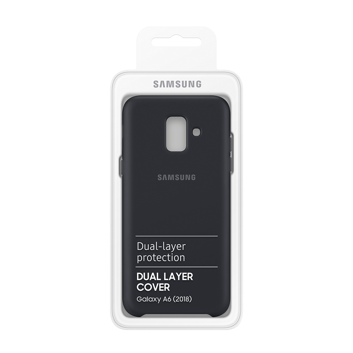 Dunkelblaue Handyhülle mit Verpackung, Samsung-Logo und Text: Dual Layer Cover.