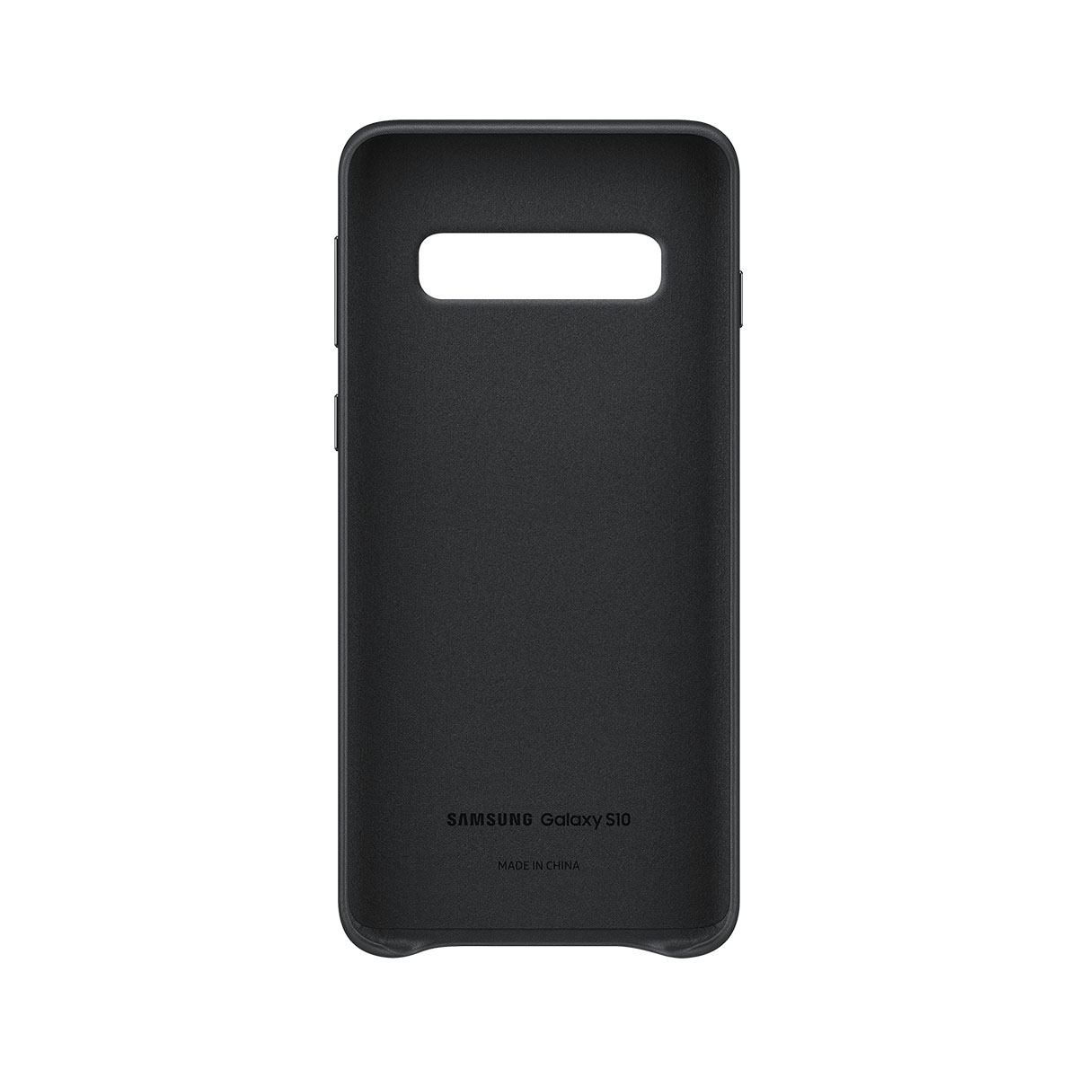 Coque de téléphone noire pour Samsung Galaxy S10. Elle a une découpe pour l'appareil photo et le nom de la marque.