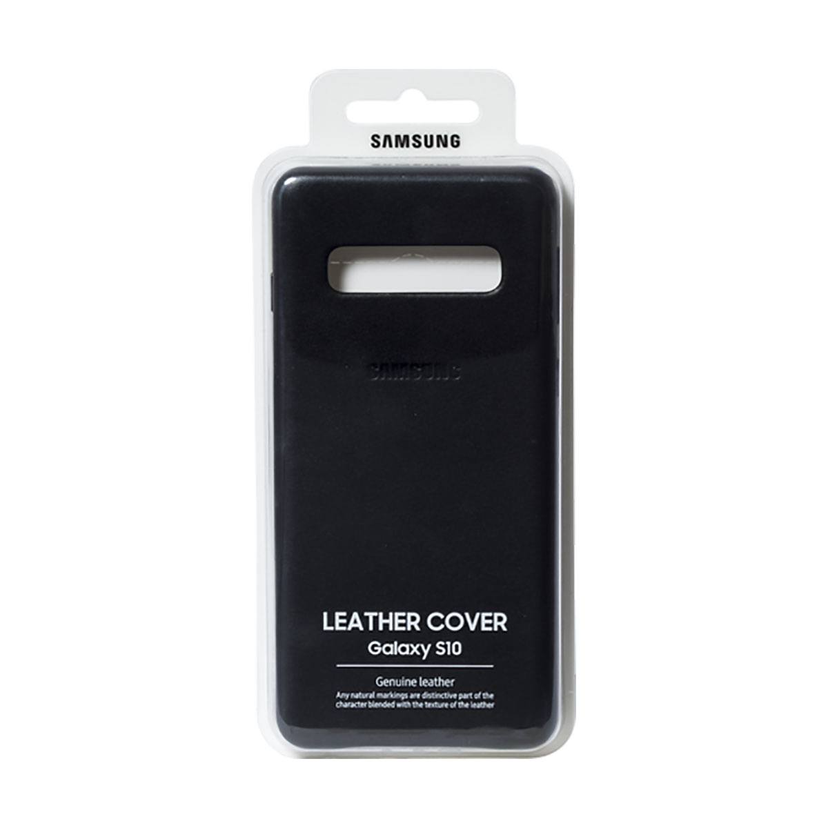 Coque en cuir noire Galaxy S10 dans un emballage transparent. Le nom de la marque et les informations sur le produit sont affichés.