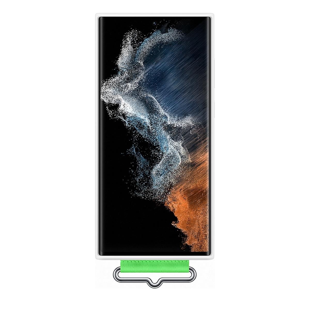 Weißes Telefon mit Bildschirm, der ein abstraktes orangefarbenes und blaues Design zeigt. Grüner Riemen befestigt.
