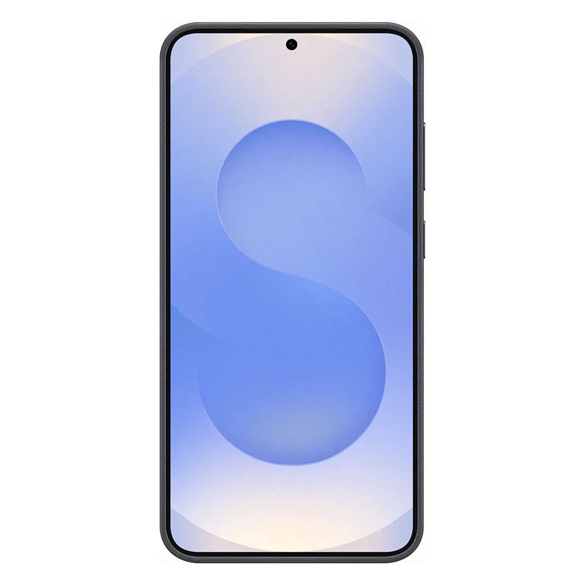 Ein schwarzes Smartphone mit großem Bildschirm. Der Bildschirm zeigt einen blauen Farbverlauf mit einem weißen Wirbel.