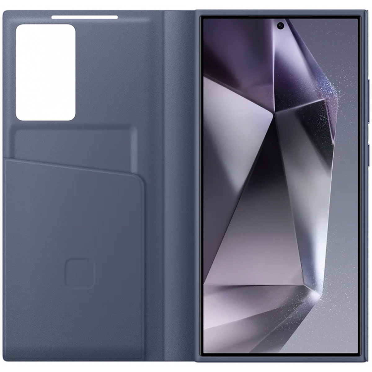 Custodia per telefono blu scuro con un telefono all'interno. La custodia ha uno slot per schede e il telefono ha uno schermo.