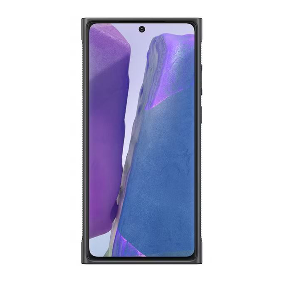 Telefon mit einem abstrakten lila und blauen Design auf dem Bildschirm, schwarzer Rahmen. Das Gehäuse ist schwarz.