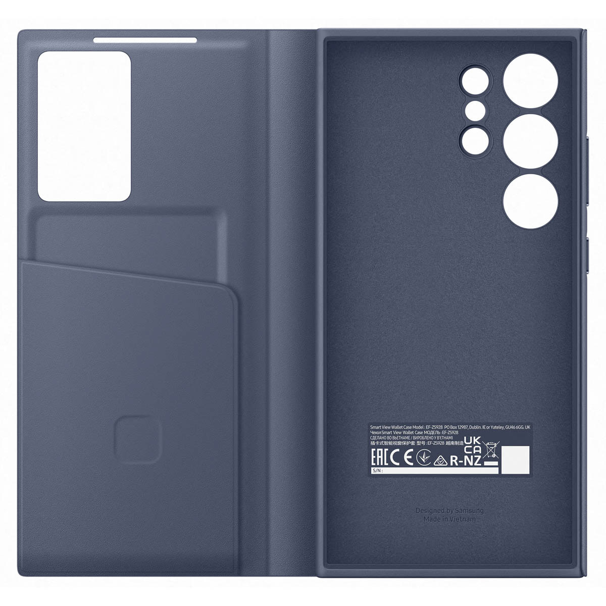 Una custodia per telefono blu navy aperta con uno slot per schede e un'etichetta con testo e codice a barre.
