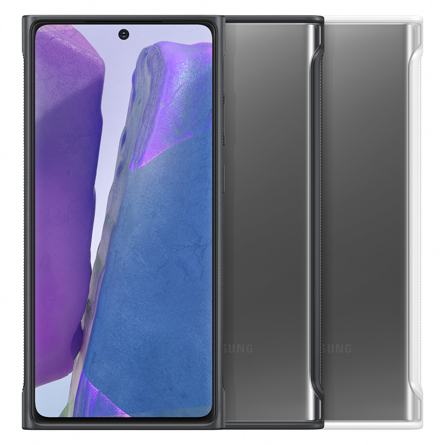 Telefon mit einem lila und blauen Design. Die Hülle ist an der Seite transparent. Samsung-Branding.