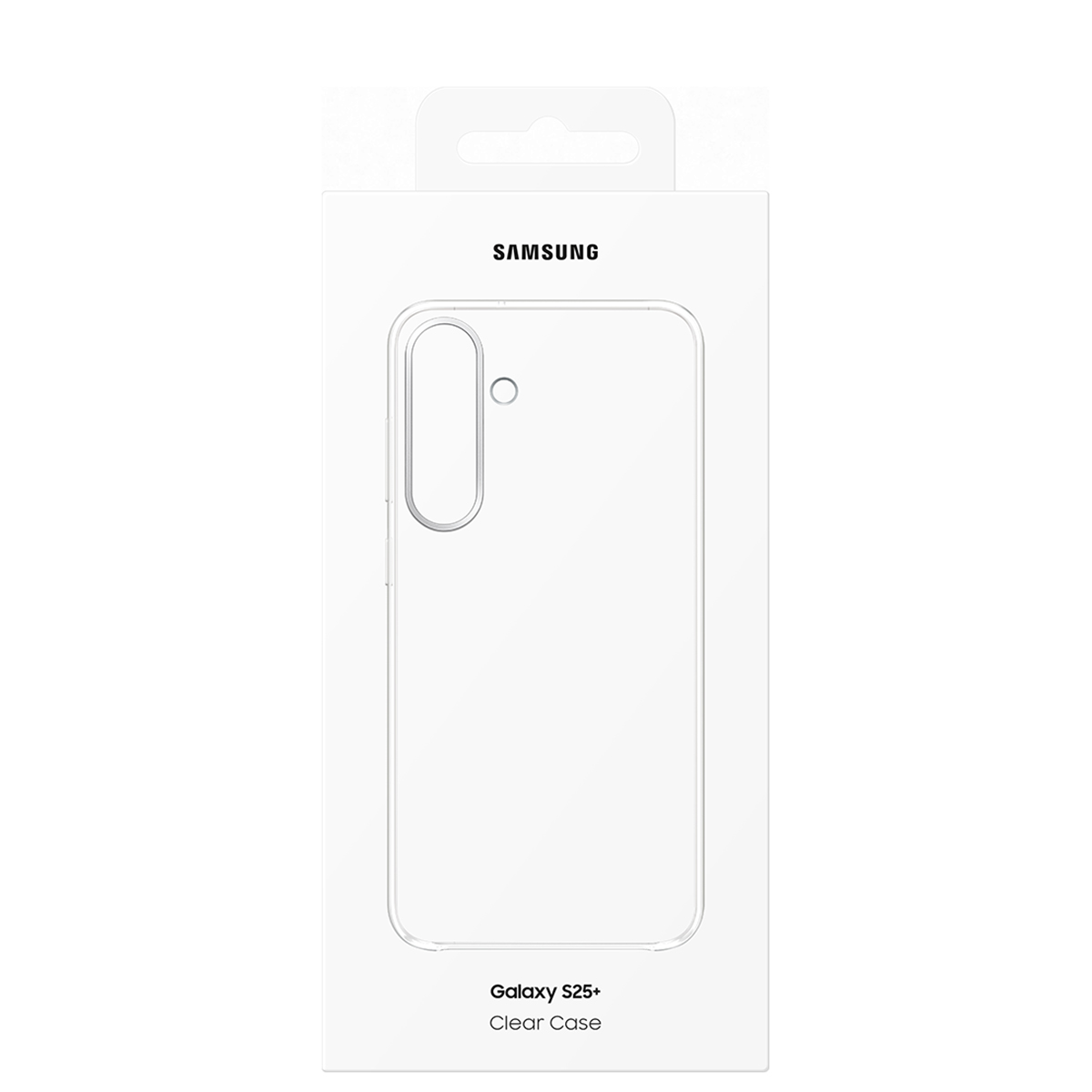 Una custodia trasparente per telefono in una scatola bianca con il logo Samsung e le parole Galaxy S25+ Clear Case.