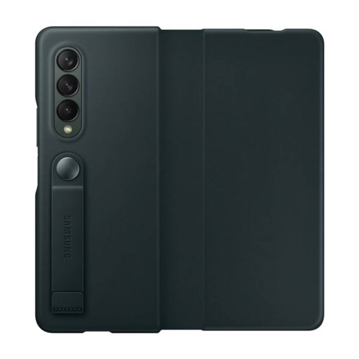 Dunkelgrüne Handyhülle, aufgeklappt. Das Telefon hat mehrere Kameras und ein Samsung-Branding.
