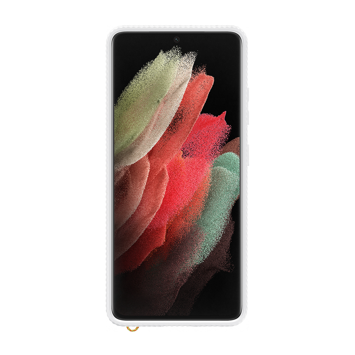 Un téléphone avec une coque blanche. L'écran affiche des formes abstraites colorées. La coque a une fixation pour lanière.