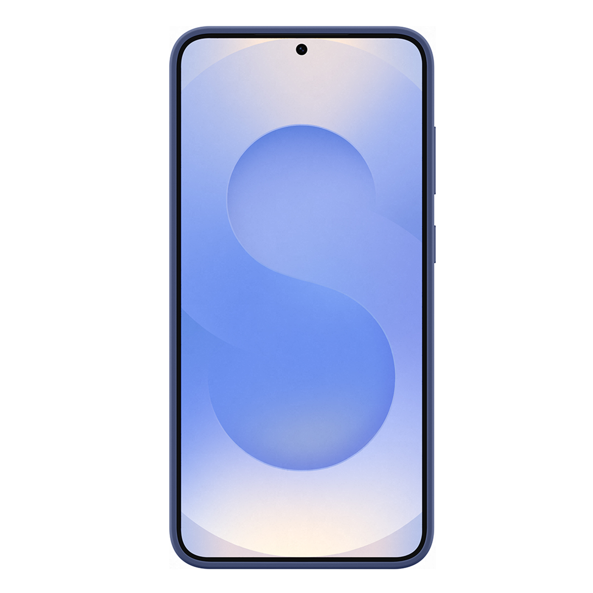 Niebieski telefon z jasnoniebieskim wzorem na ekranie, pojedynczy przedni aparat. Telefon jest wyśrodkowany.