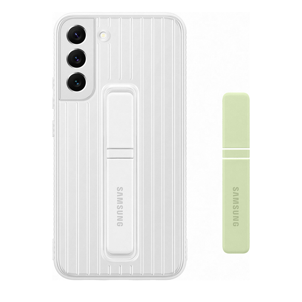 Une coque de téléphone blanche avec un support et un rouge à lèvres vert. Les deux ont le logo Samsung.