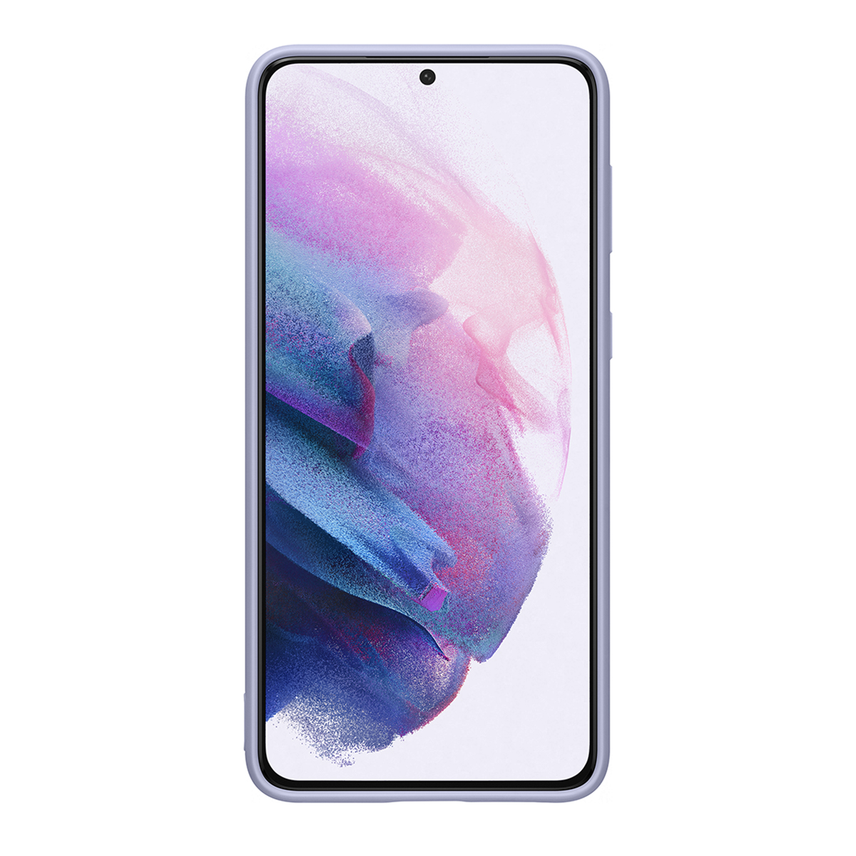 Una funda de teléfono lila claro que sostiene un teléfono con una pantalla que muestra un diseño abstracto rosa y morado.
