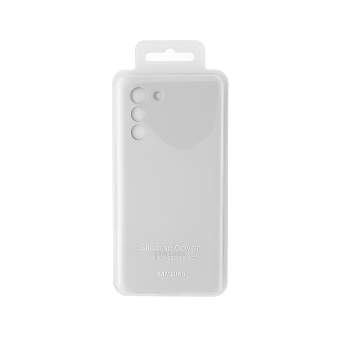 Przezroczysta silikonowa osłona na telefon w opakowaniu. Osłona pokazuje wycięcie na aparat i logo Samsung.