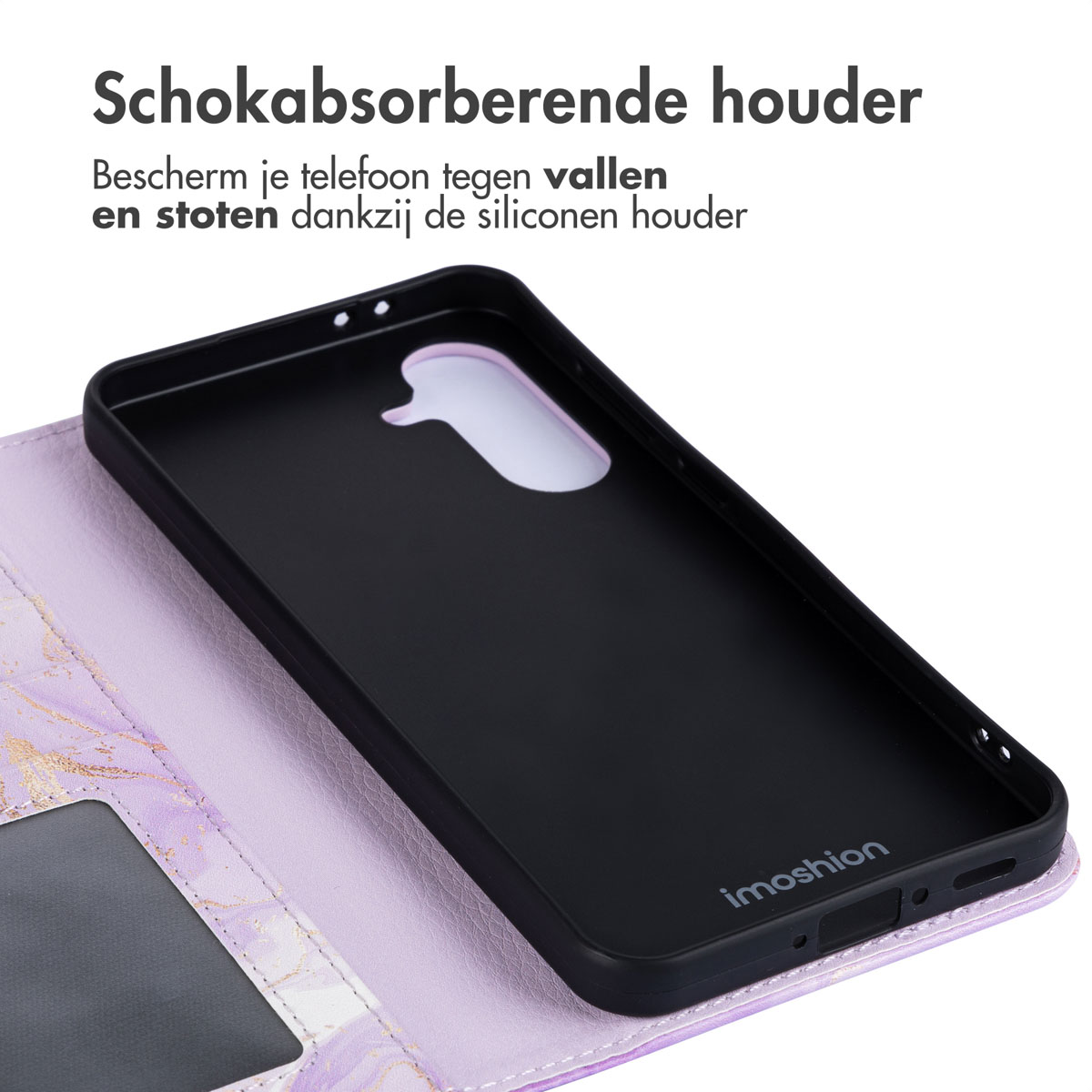 Een telefoonhoesje met een paars ontwerp. Het opent als een boek. De tekst zegt "Schokabsorberende houder".