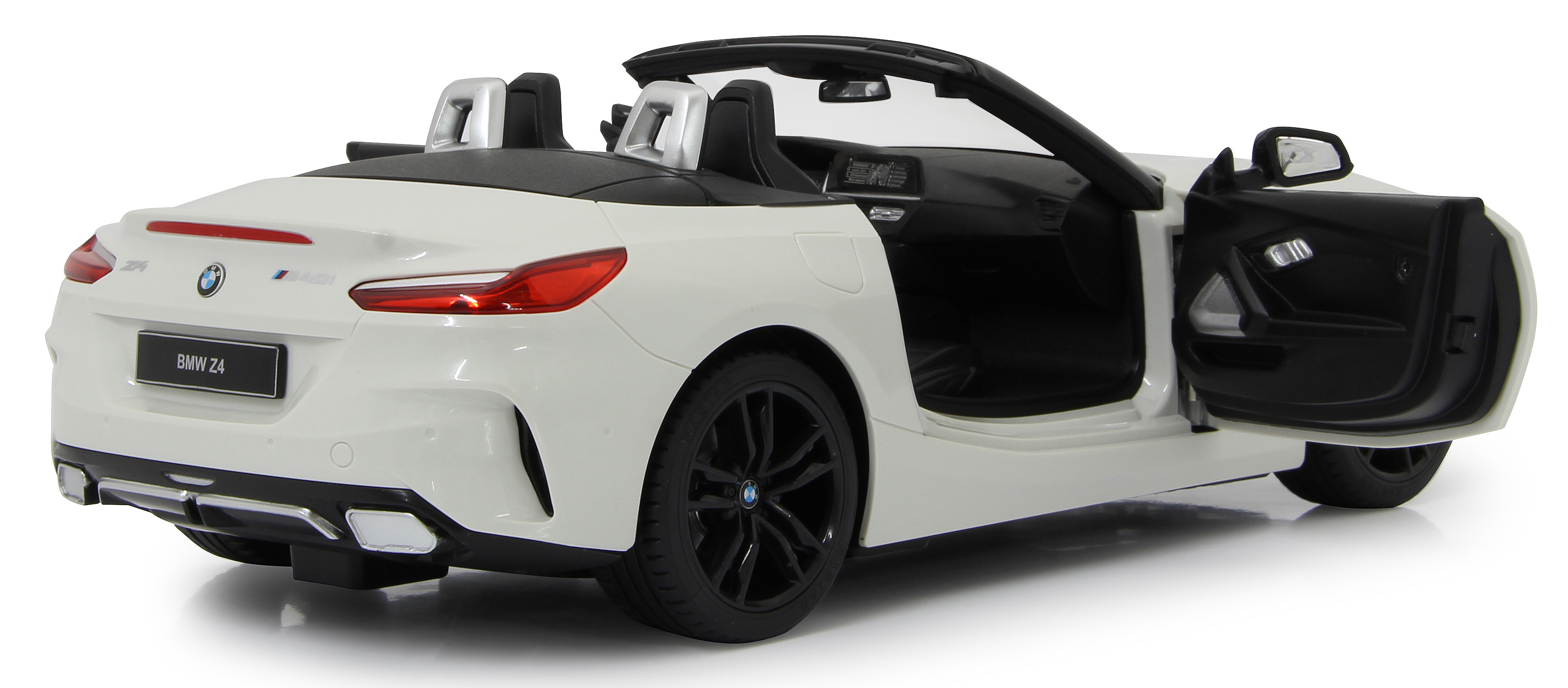 Weißes BMW Z4 Spielzeugauto mit offener Tür, Rückansicht.