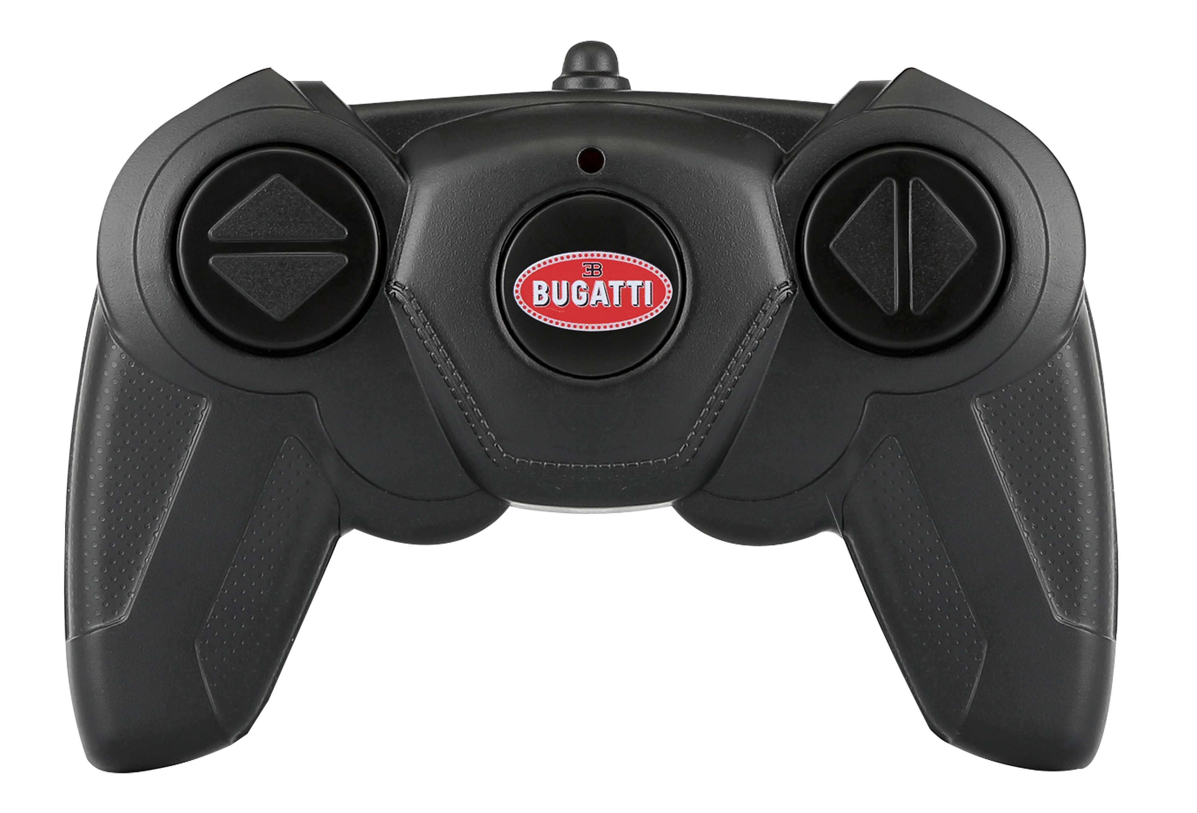 Schwarze Fernbedienung mit Bugatti-Logo. Knöpfe und Richtungspads sind sichtbar.