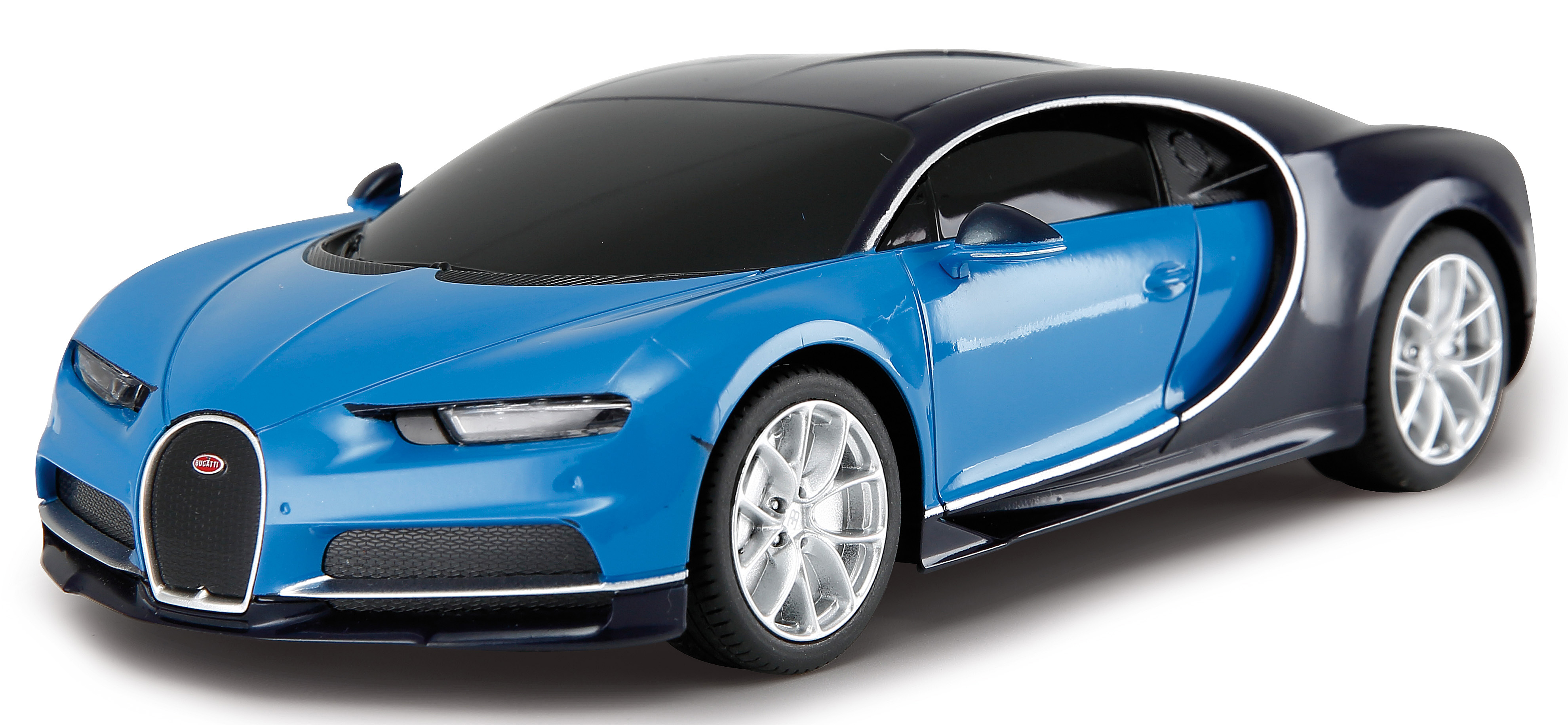 Blau-schwarzes Bugatti Chiron Spielzeugauto. Vorderansicht, weißer Hintergrund.