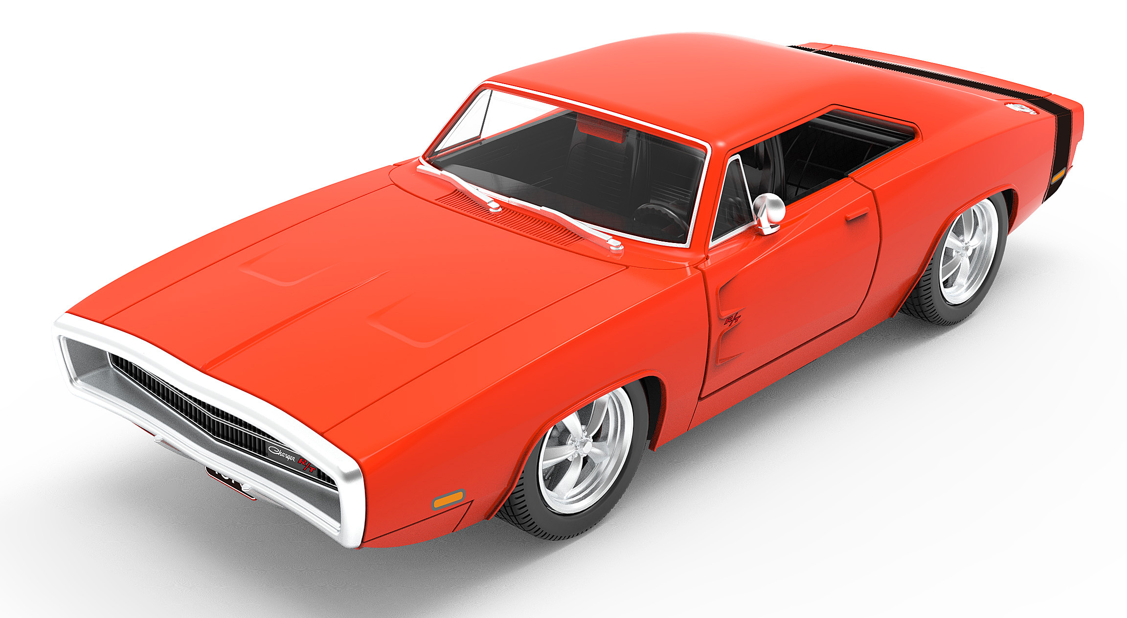Rotes Dodge Charger Automodell auf weißem Hintergrund. Draufsicht.