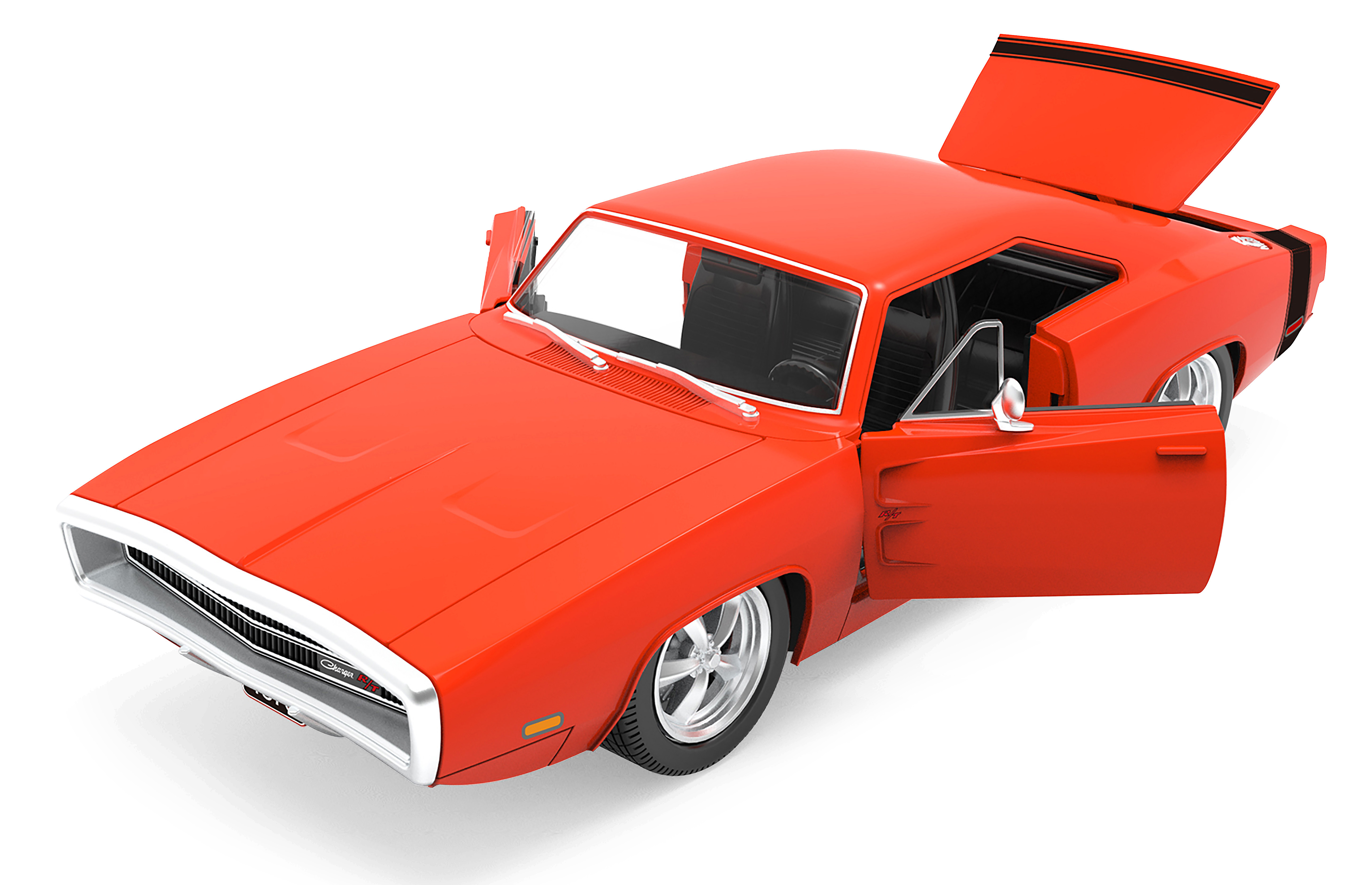 Orangenes klassisches Auto mit offenen Türen und Kofferraum, isoliert.