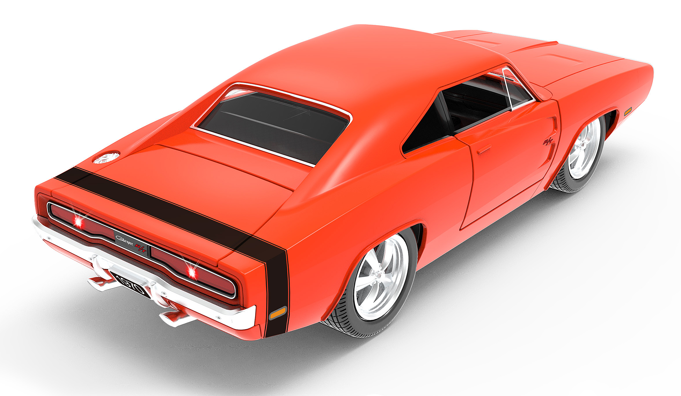 Rotes Dodge Charger Automodell. Rückansicht mit schwarzem Streifen auf weißem Hintergrund.