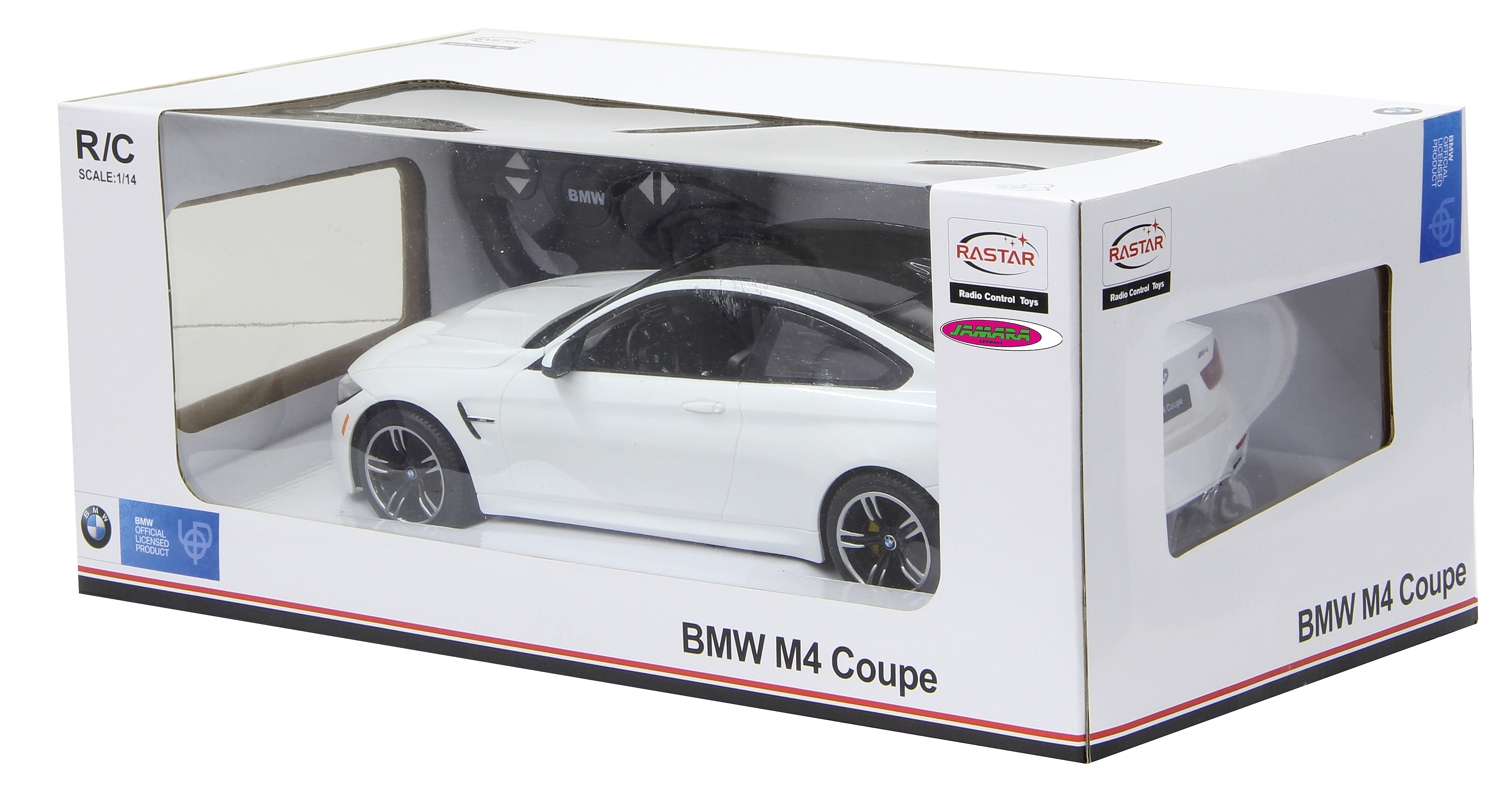 A white BMW M4 Coupe toy car in a box, with a remote control.