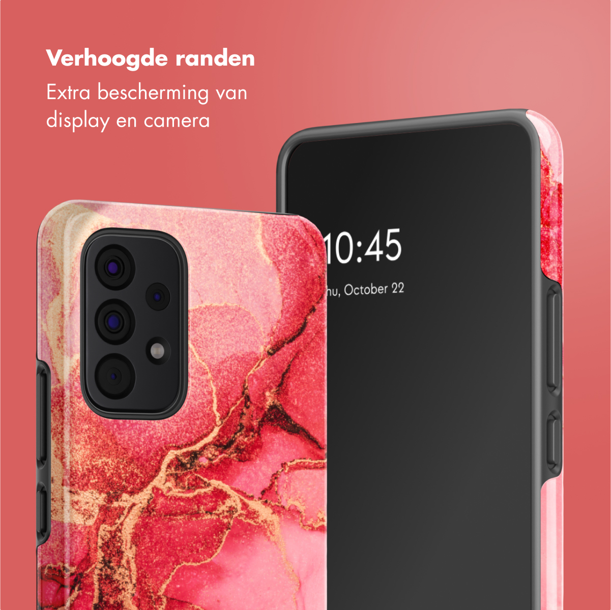 Una custodia per telefono con un design a marmo rosso e oro, accanto a un telefono.
