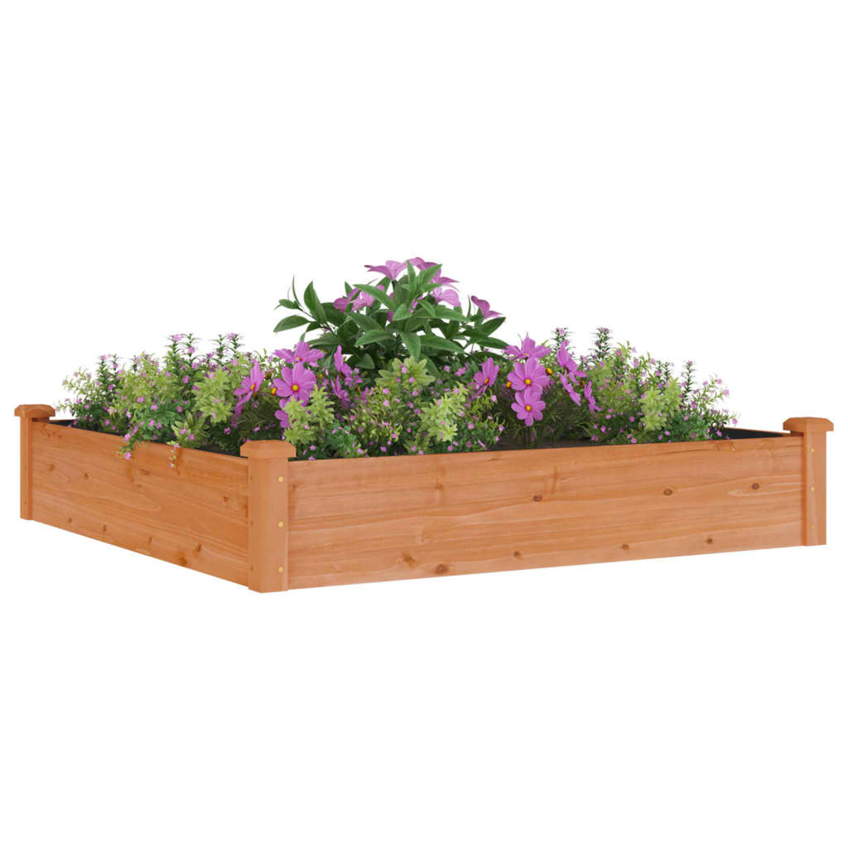 Holz-Pflanzkasten mit Blumen und Pflanzen, quadratisch, im Freien.