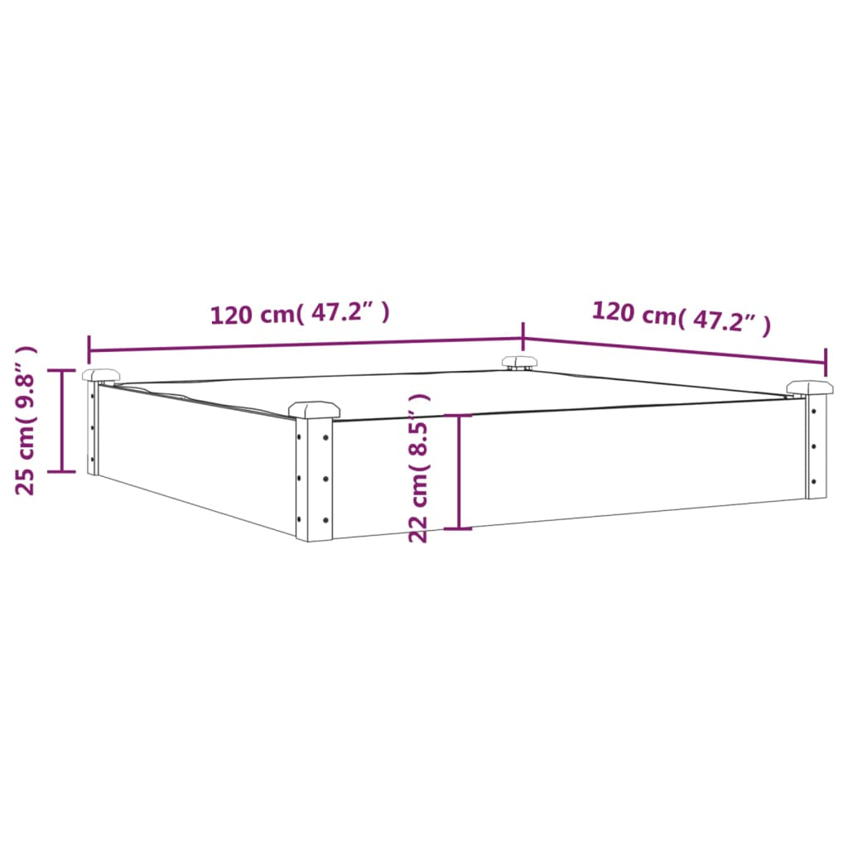 Pflanzkasten Abmessungen: 120cm x 120cm x 25cm hoch, 22cm tief.
