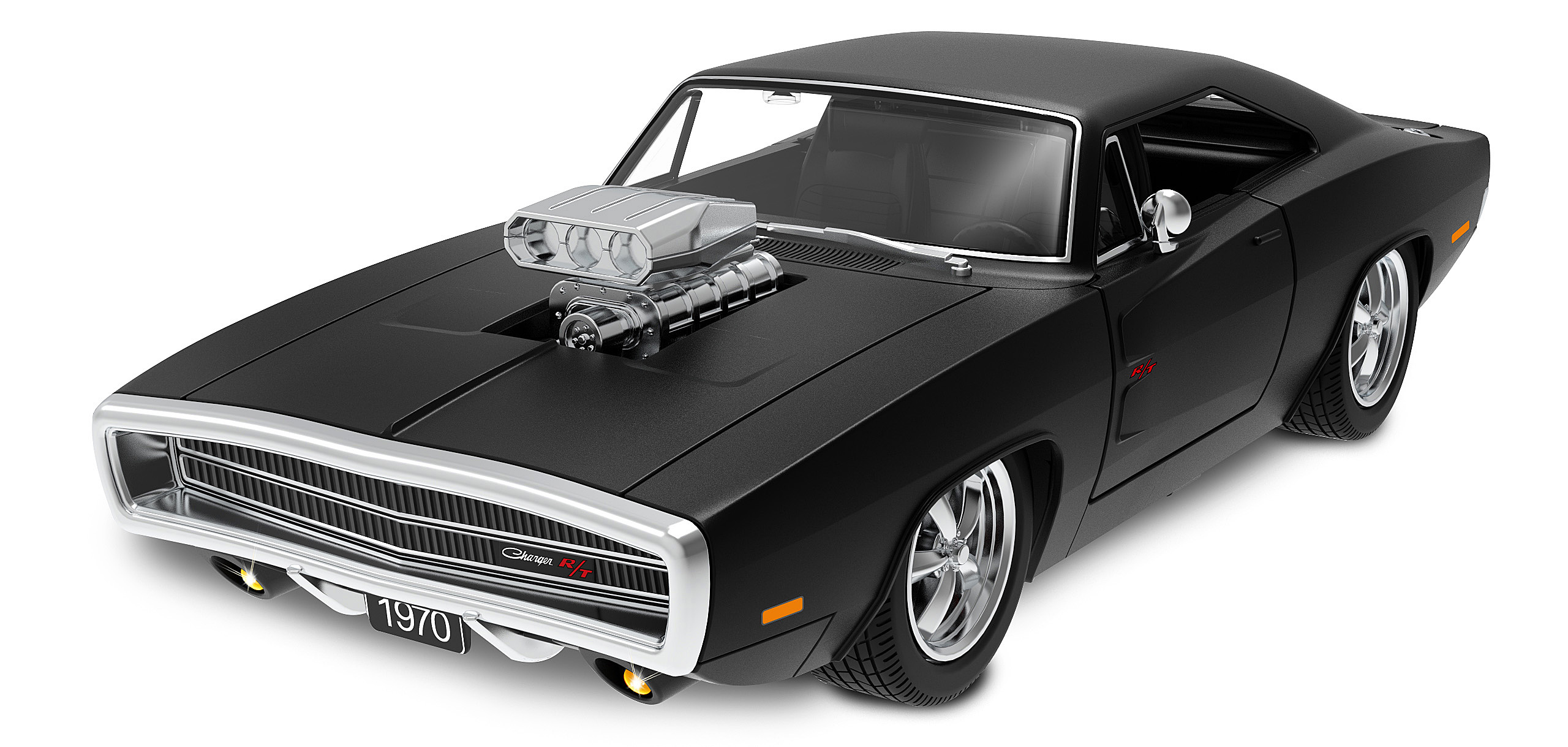 Schwarzer 1970er Dodge Charger R/T, Muskelauto, weißer Hintergrund, Frontansicht.
