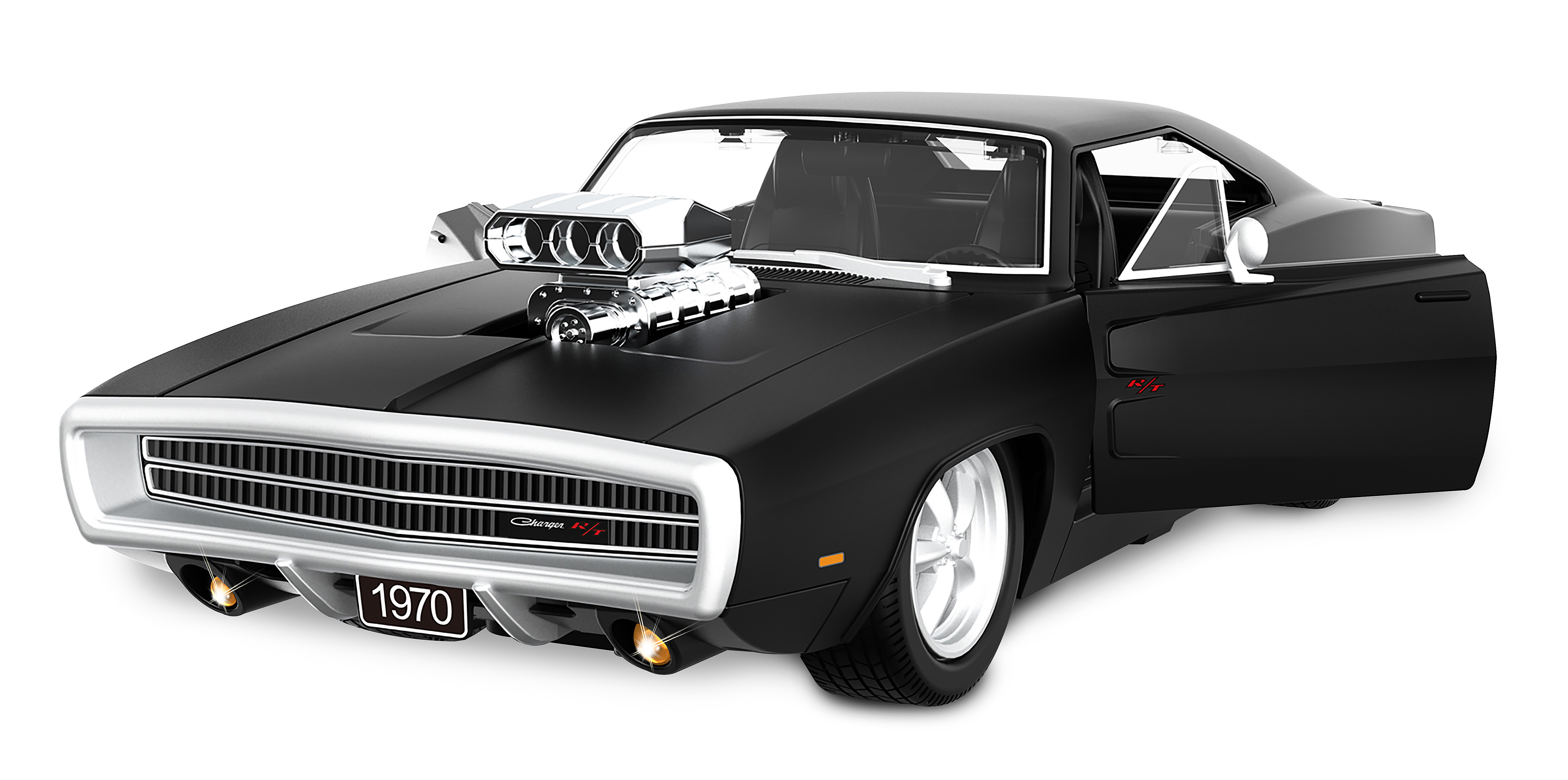 Schwarzer 1970er Dodge Charger R/T, offene Tür, weißer Hintergrund.