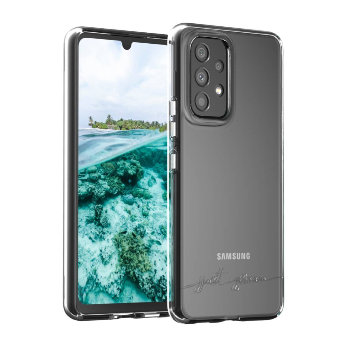 Telefoon in een doorzichtige hoes met een donker scherm. De achtergrond heeft het 'just green' logo.