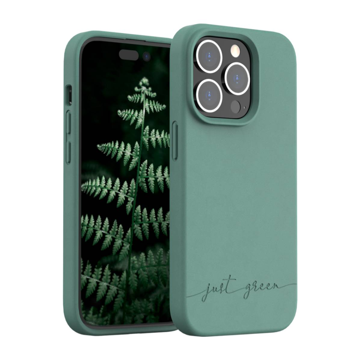 Custodia verde con un telefono che mostra una felce e il testo 'just green'.
