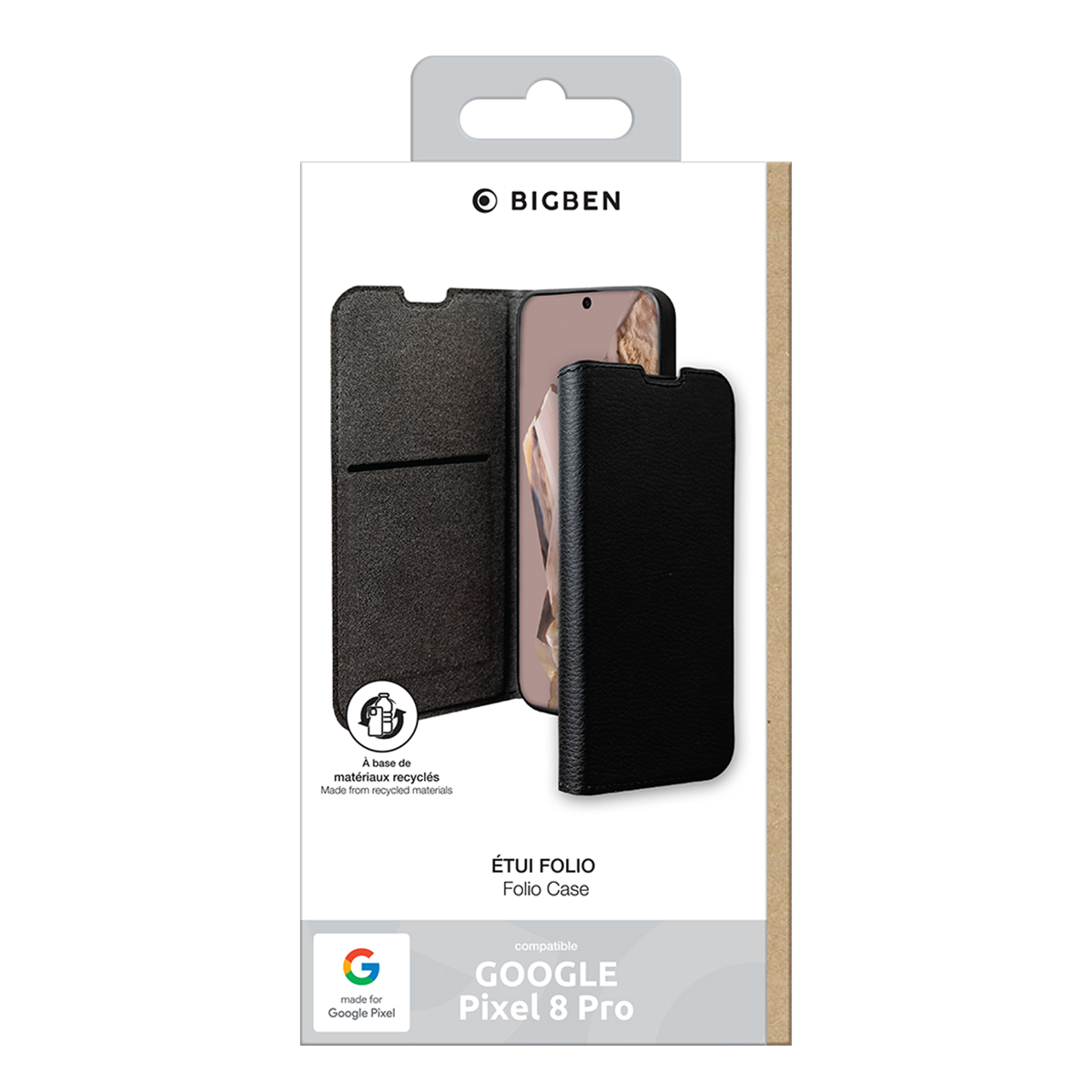 Eine Hülle für ein Google Pixel 8 Pro Telefon in der Verpackung. Es ist eine Folio-Hülle.