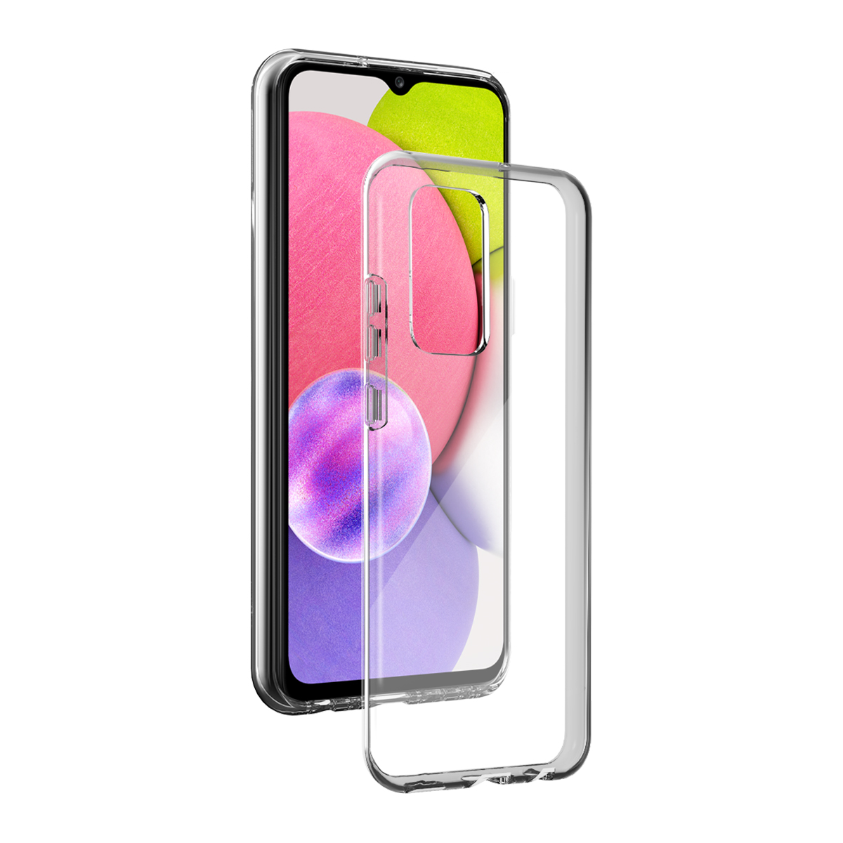 Un telefono con una custodia trasparente. Lo schermo mostra uno sfondo rosa e verde.