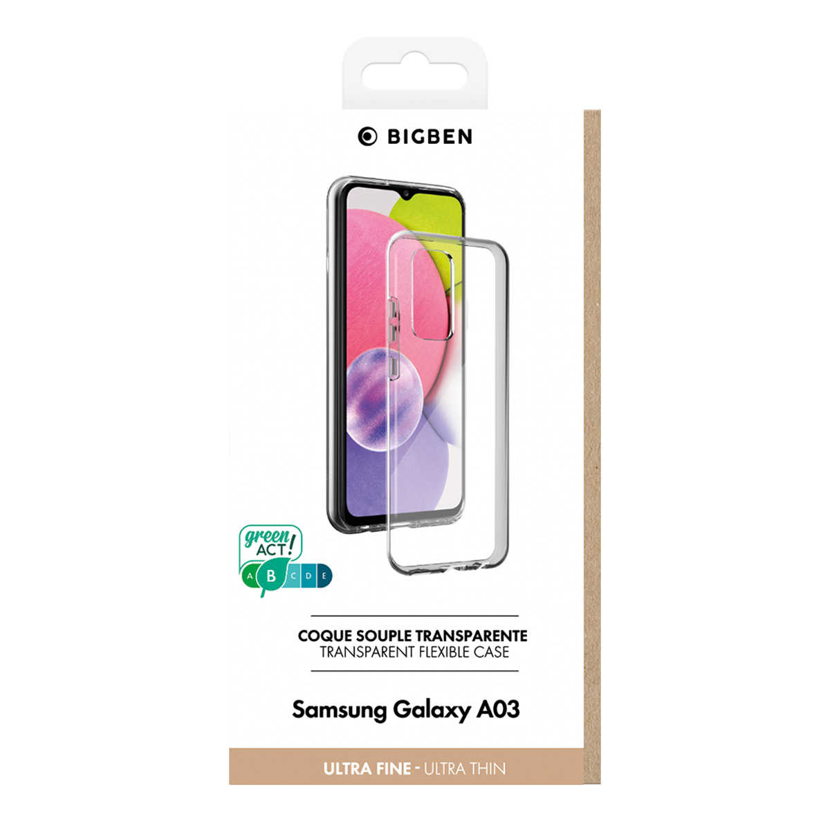 Una custodia trasparente per un Samsung Galaxy A03 nella sua scatola. La confezione è bianca.
