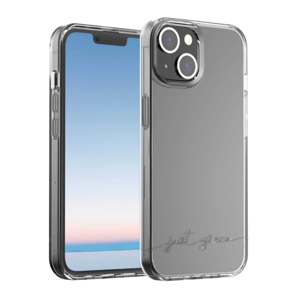 Due custodie trasparenti per telefono, una su un telefono con retro grigio scuro e l'altra separata.