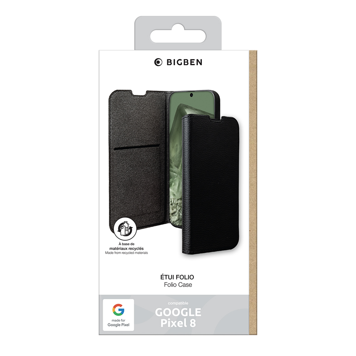 Eine Hülle für ein Google Pixel 8 Telefon in der Verpackung. Es ist eine Folio-Hülle.