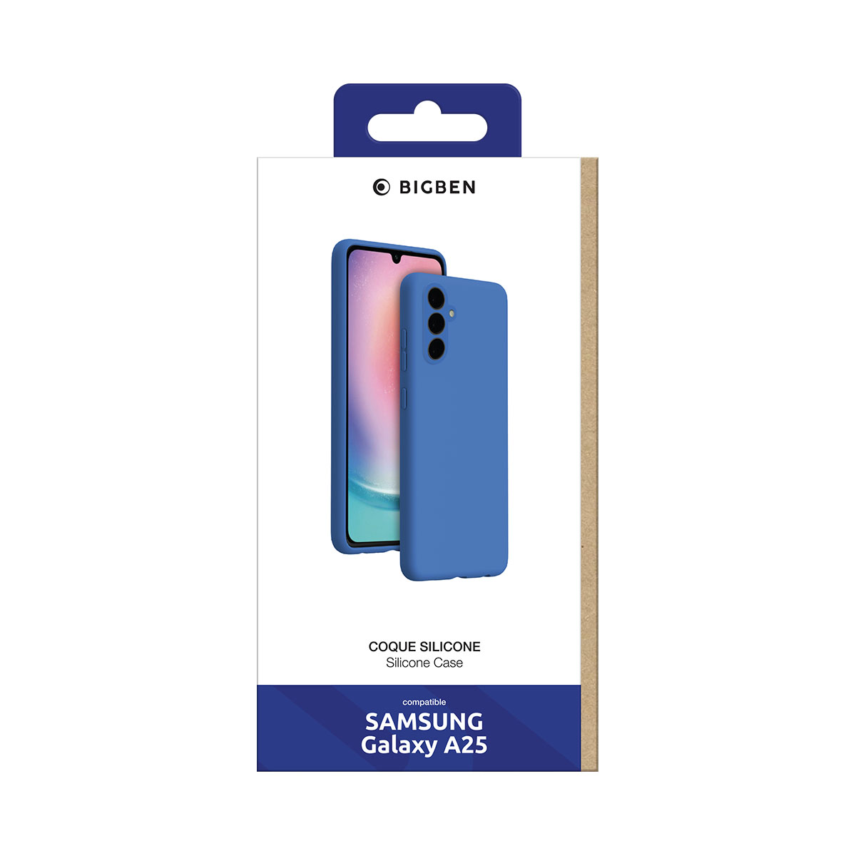 Una custodia in silicone blu per il telefono Samsung Galaxy A25, esposta su sfondo bianco.