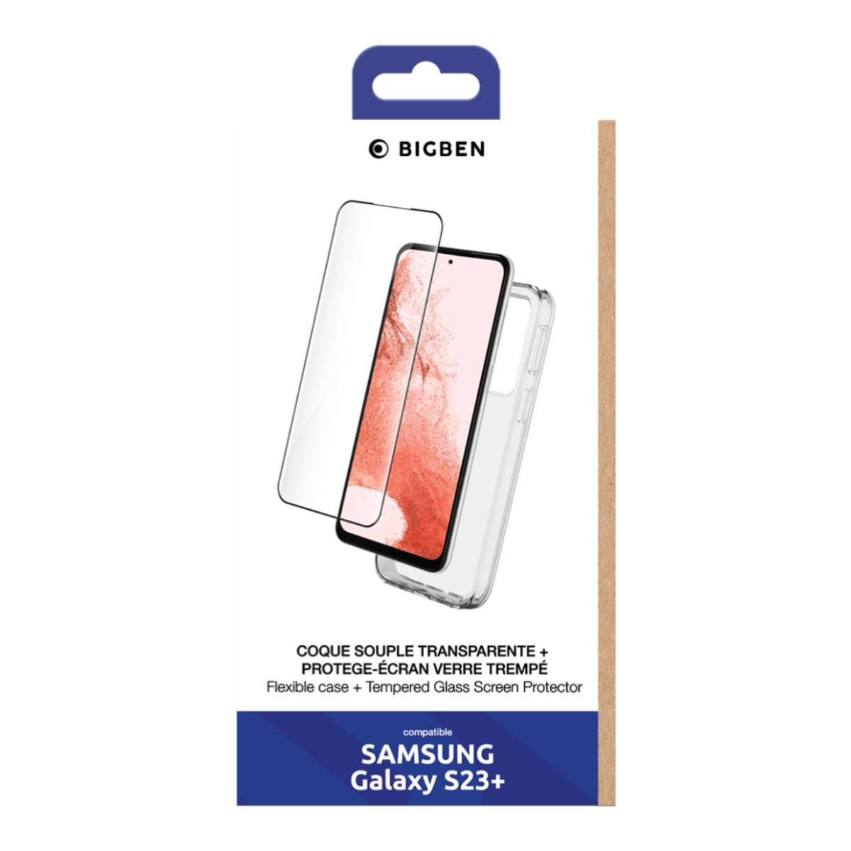 Una confezione mostra un telefono, una protezione per lo schermo e una custodia. Compatibile con Samsung Galaxy S23+.