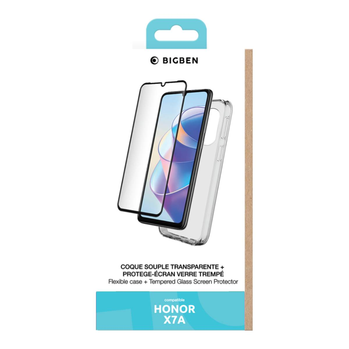 Eine Packung zeigt ein Telefon, Displayschutz und Hülle. Kompatibel mit HONOR X7A.