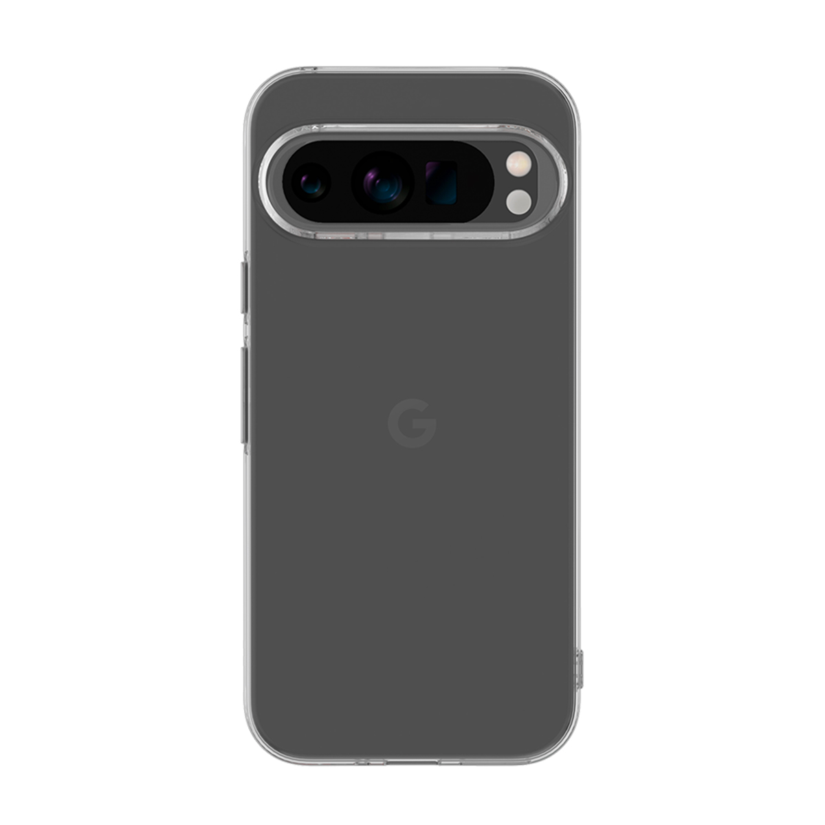 Eine dunkelgraue Handyhülle mit einem Ausschnitt für die Linse, die das Kameramodul des Telefons zeigt. Das Google-Logo ist sichtbar.