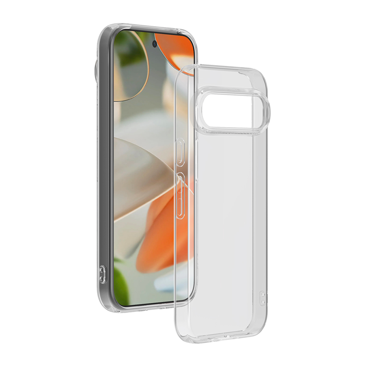 Eine transparente Handyhülle auf einem Telefon. Der Bildschirm ist sichtbar. Es ist eine transparente flexible Hülle.