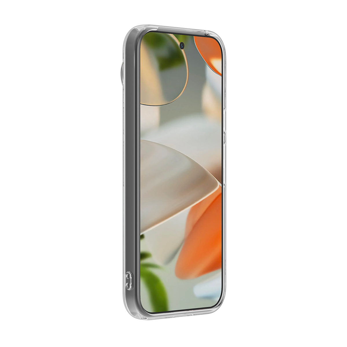 Eine transparente Handyhülle auf einem Telefon mit Kamera oben. Oranger und weißer Hintergrund.