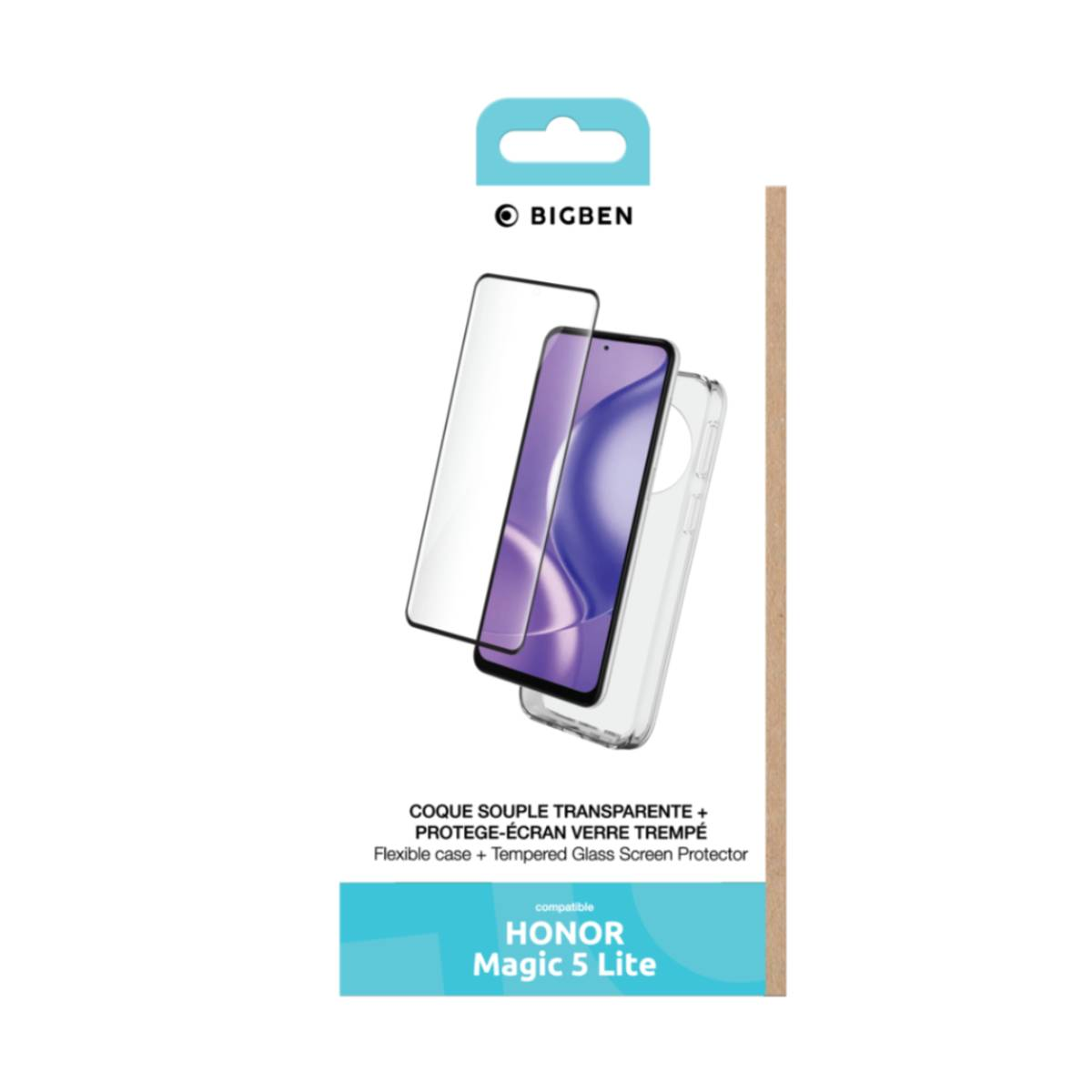 Confezione con telefono, protezione schermo e custodia. Il marchio è Bigben.