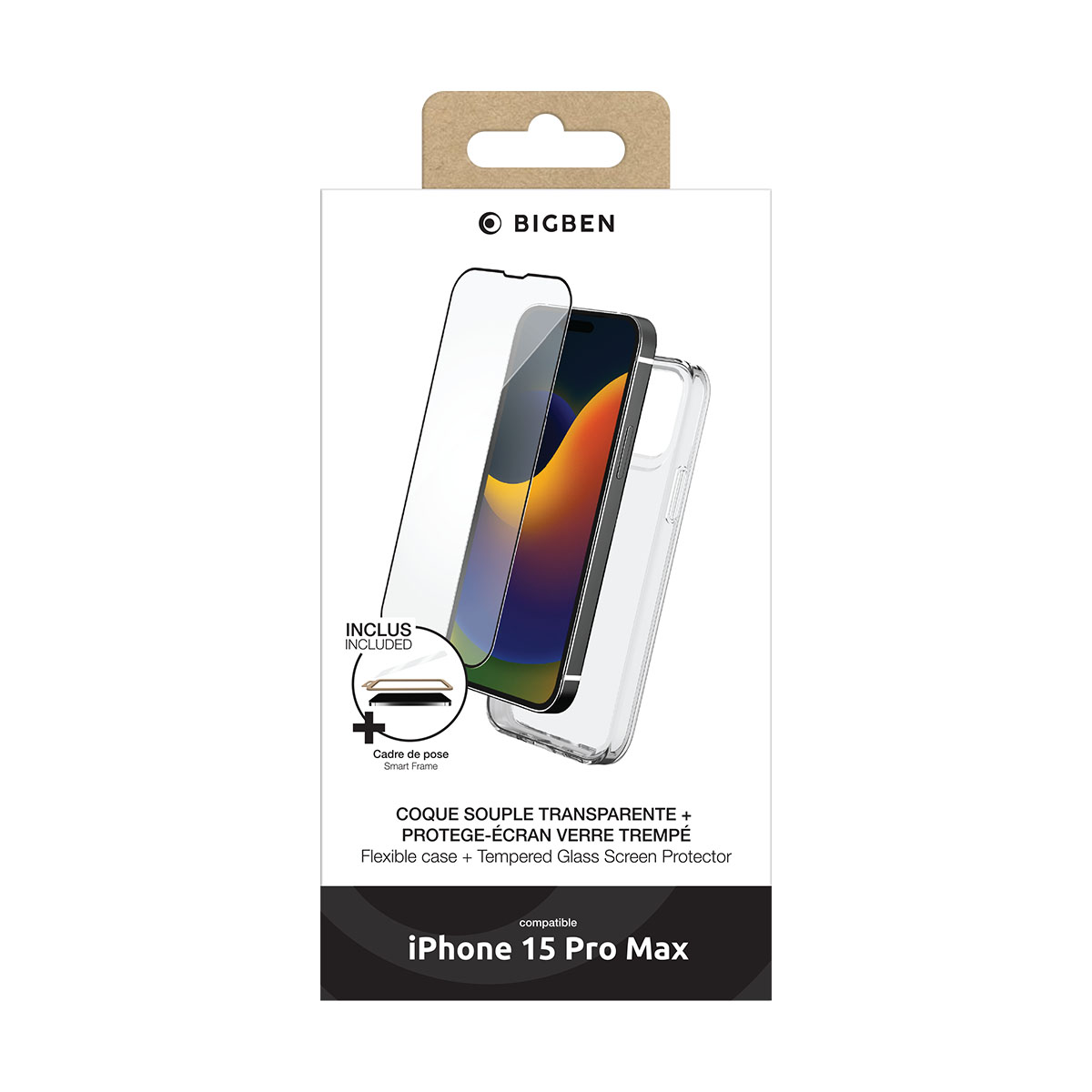 Eine Packung zeigt ein Telefon, Displayschutz und Hülle. Inklusive Smart Frame. Kompatibel mit iPhone 15 Pro Max.