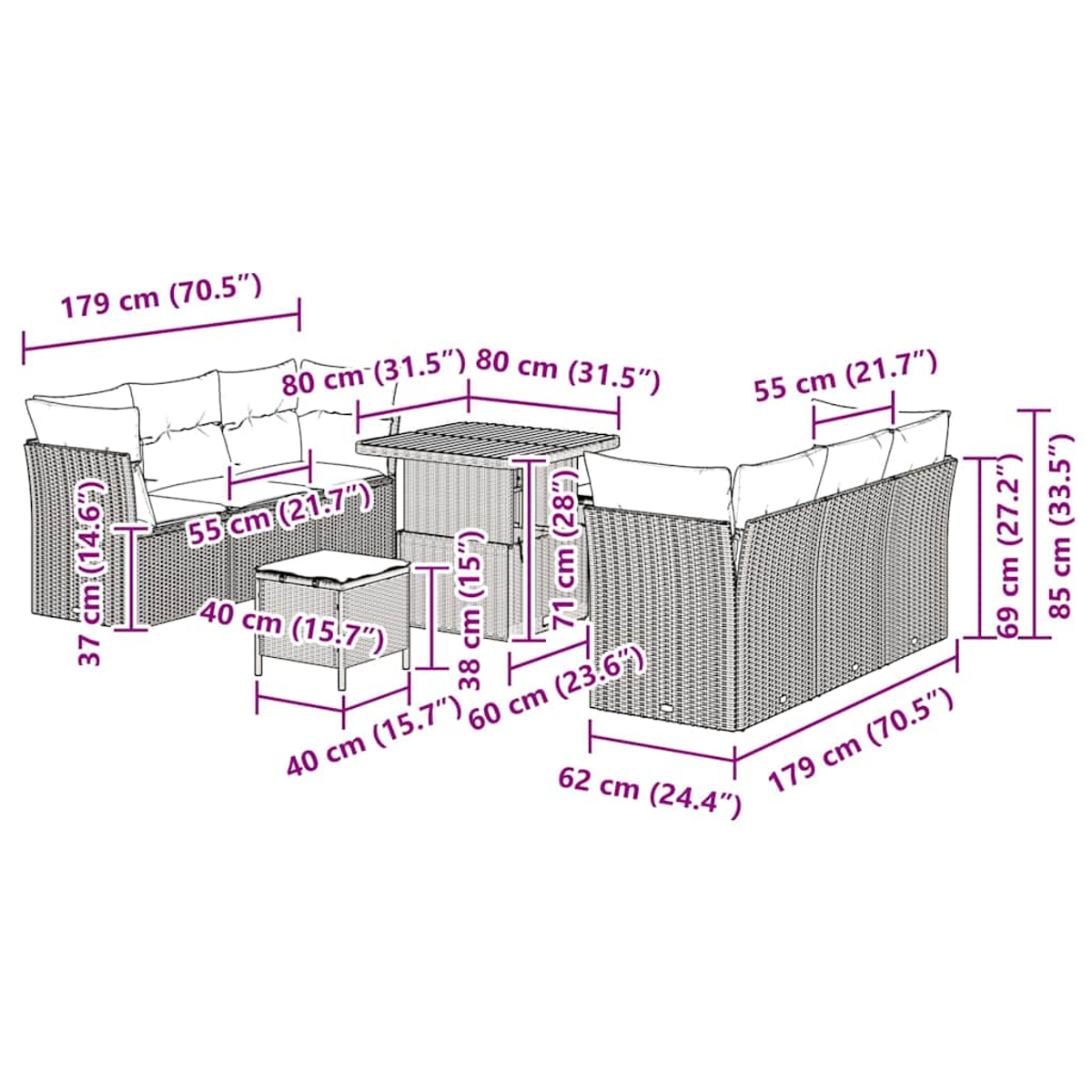 Diagramm eines Outdoor-Möbelsets aus Korbgeflecht. Maße in cm beschriftet.