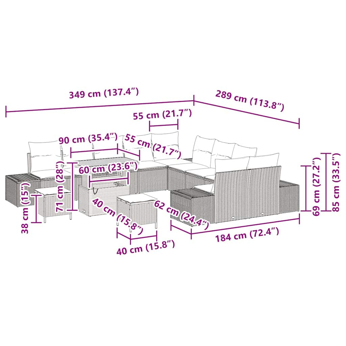 Diagramm eines Rattan-Gartenmöbelsets mit Maßen in Zentimetern und Zoll.
