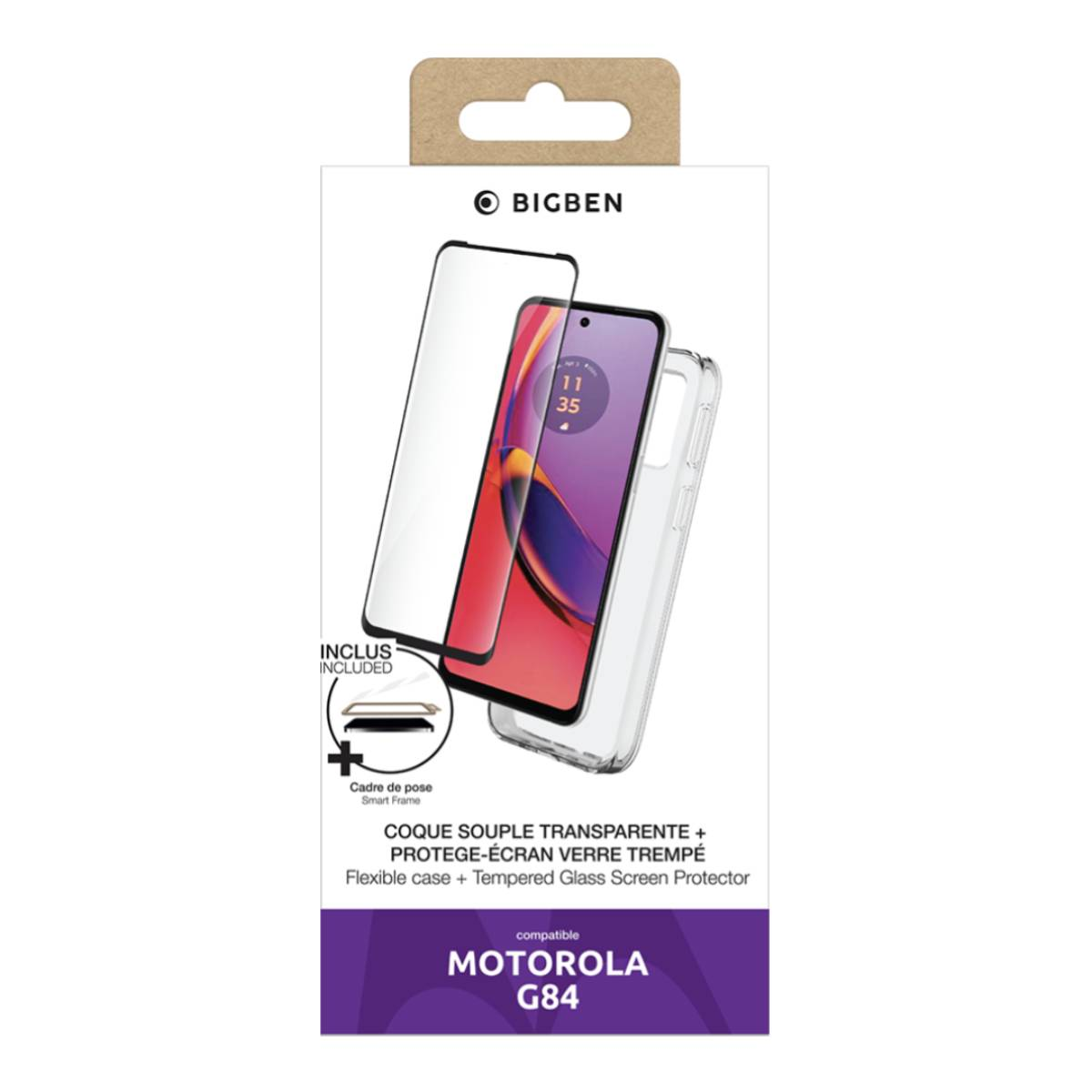 Custodia e protezione schermo per Motorola G84 mostrate in una scatola.