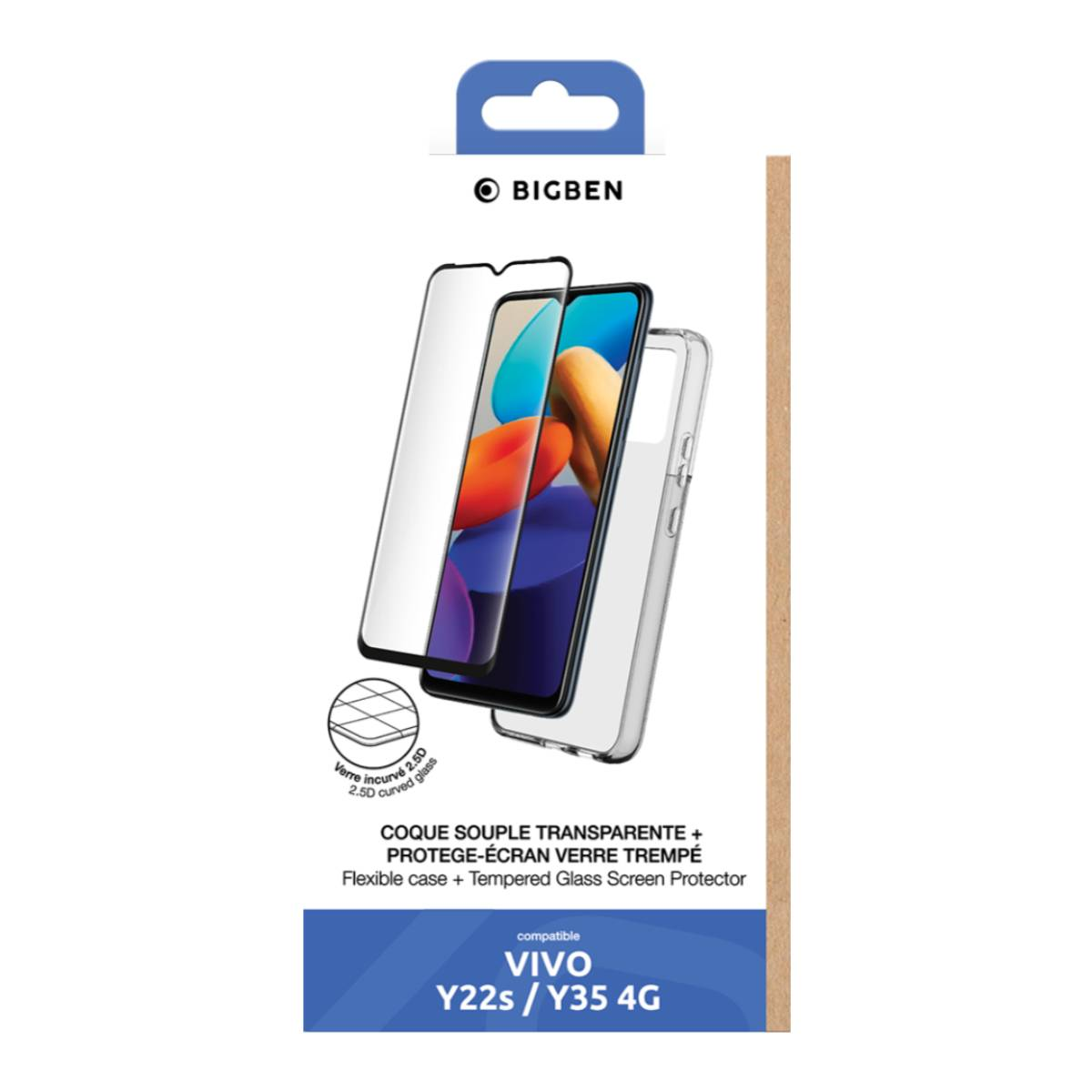 Produktverpackung einer Handyhülle und Displayschutzfolie, Markenname BIGBEN.
